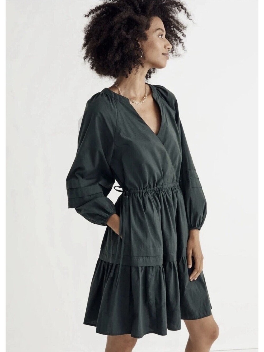 MADEWELL Crinkle Poplin Wrap Dark Palm Green Tiered Mini Dress Large